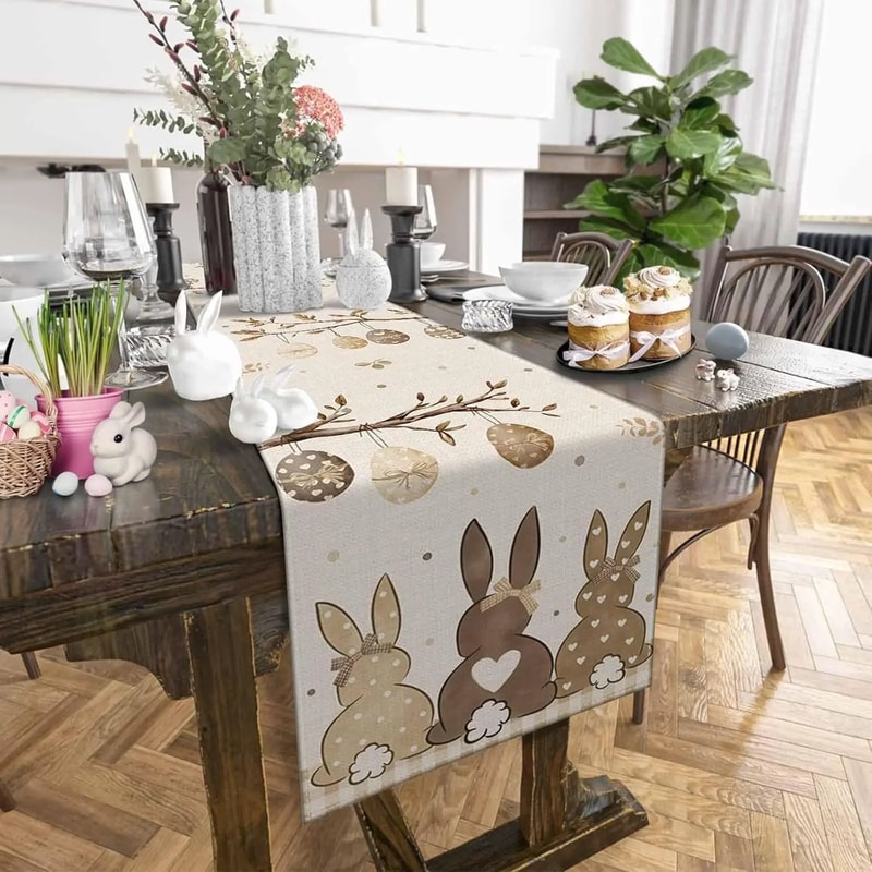 Easter Bunny Botanical Linen Table Runner Rustic Spring Holiday Dresser Scarf 2