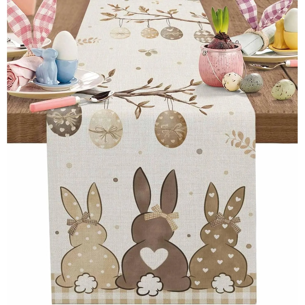 Easter Bunny Botanical Linen Table Runner Rustic Spring Holiday Dresser Scarf 6