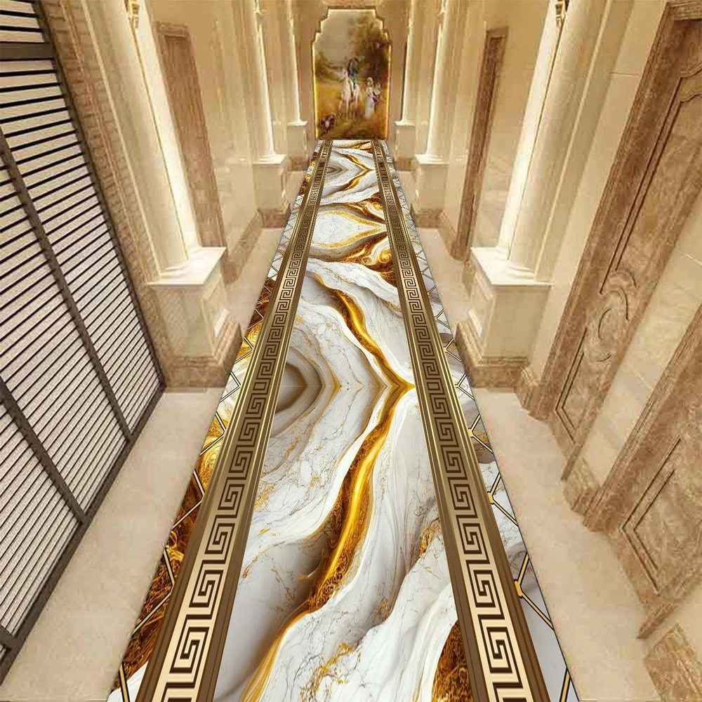 Golden Abstract Marble Corridor Carpet Luxury NonSlip Hotel Passageway Runner 11