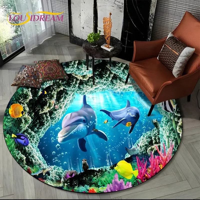 3D Seabed Illusion Dolphin Round Rug Underwater World NonSlip Floor Mat 5