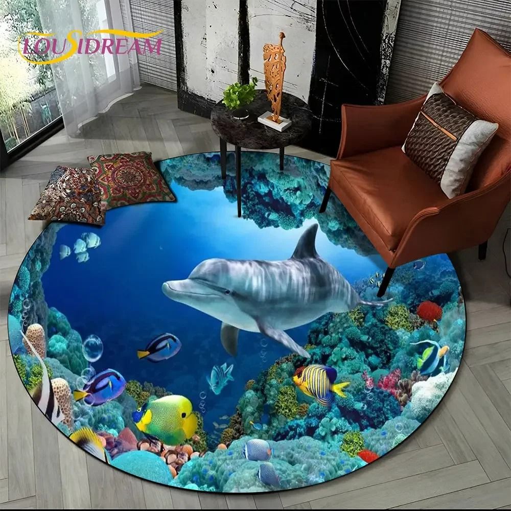 3D Seabed Illusion Dolphin Round Rug Underwater World NonSlip Floor Mat 11