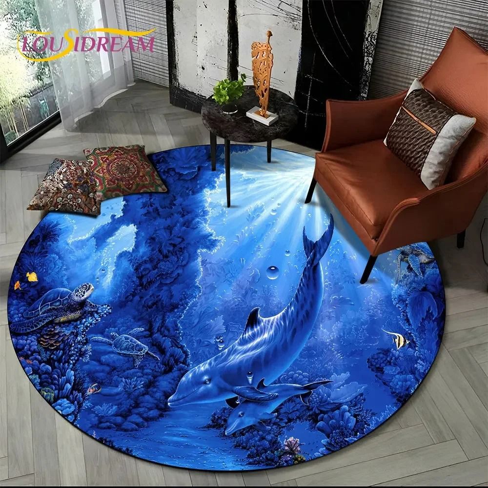 3D Seabed Illusion Dolphin Round Rug Underwater World NonSlip Floor Mat 15