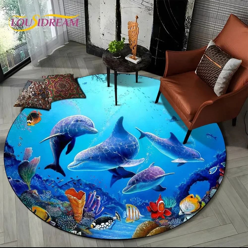 3D Seabed Illusion Dolphin Round Rug Underwater World NonSlip Floor Mat 19
