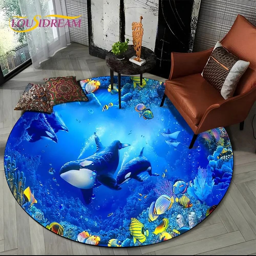 3D Seabed Illusion Dolphin Round Rug Underwater World NonSlip Floor Mat 22