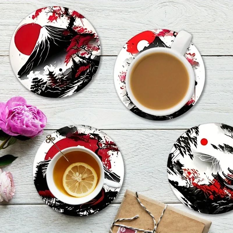 6Piece Japanese Landscape Coaster Set Zen Wooden NonSlip Heatproof Drink Mats 2