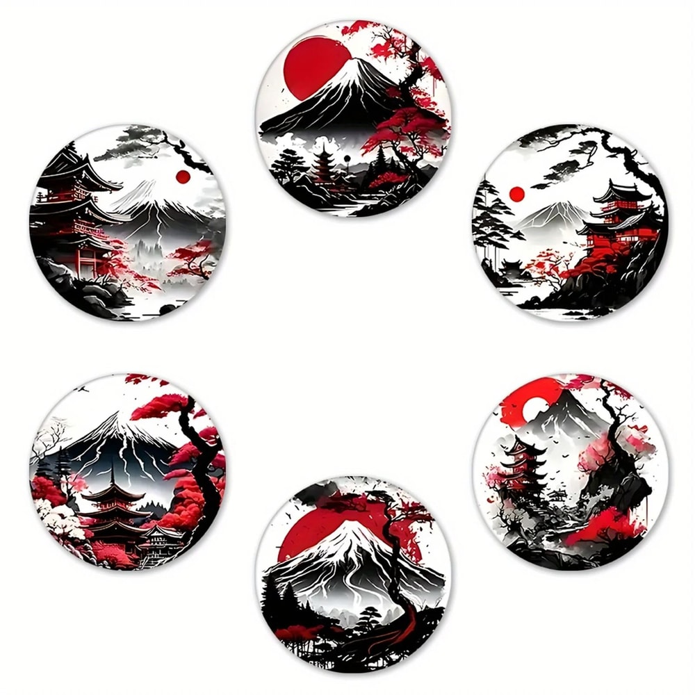 6Piece Japanese Landscape Coaster Set Zen Wooden NonSlip Heatproof Drink Mats 5