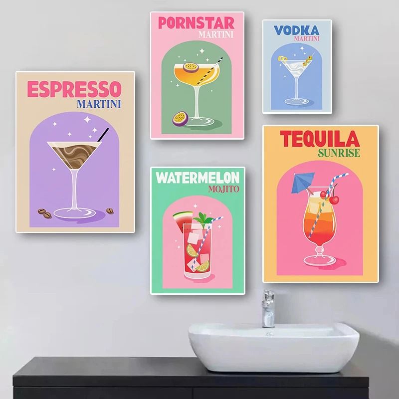 Trendy Colorful Cocktail Posters Modern Whiskey Bar Cart Canvas Prints 1