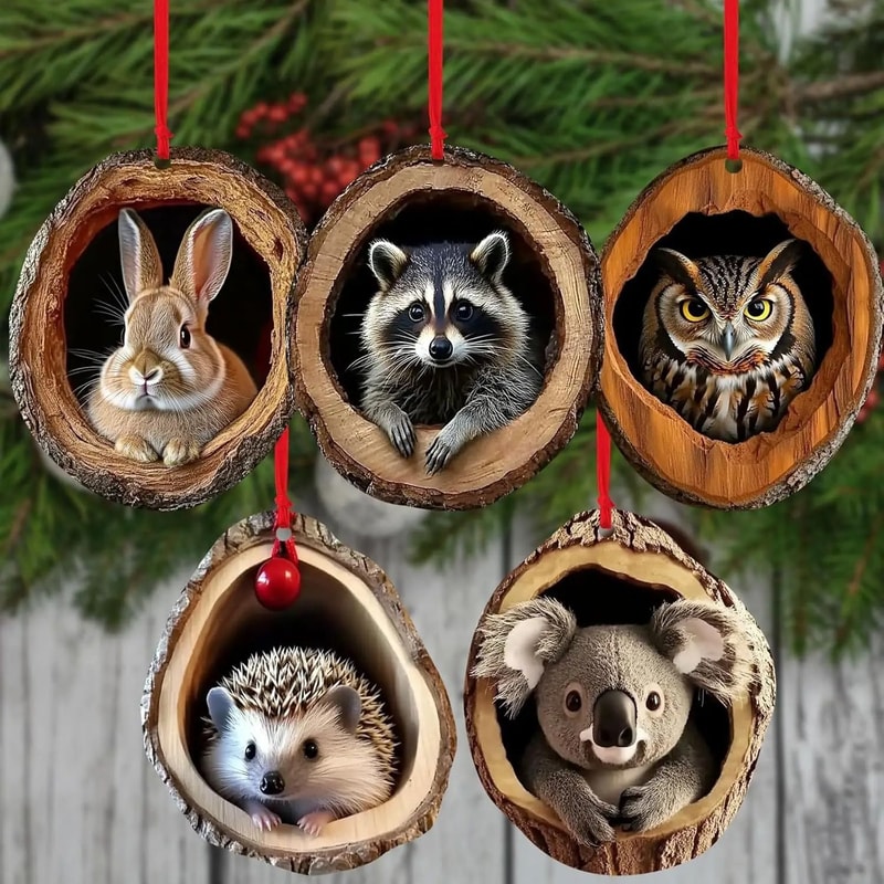 Acrylic Forest Friends In Tree Trunk Ornaments Cute Animal Festive Hanging Pendants 5