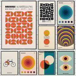 abstract orange bauhaus geometric poster | pop art sunrise & bicycle wall art