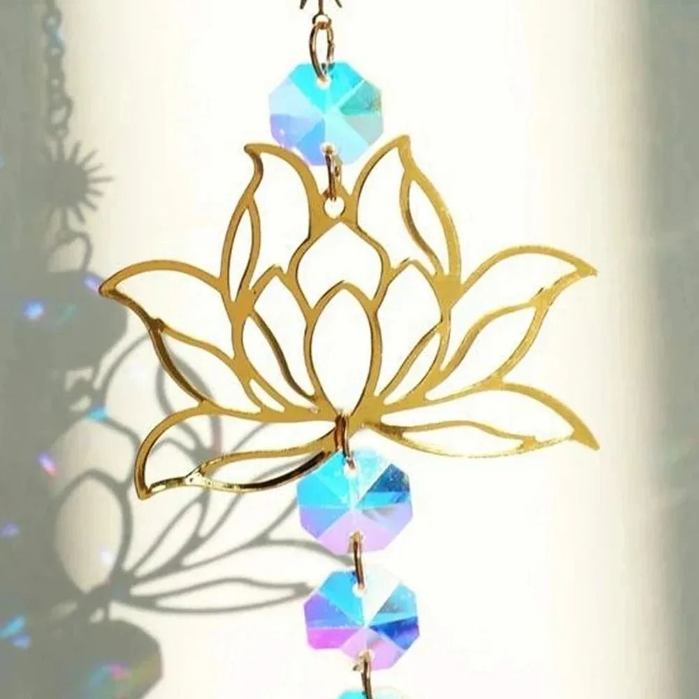 Lotus Crystal Suncatcher Pendant Handmade Metal Prism Wind Chime Charm 2