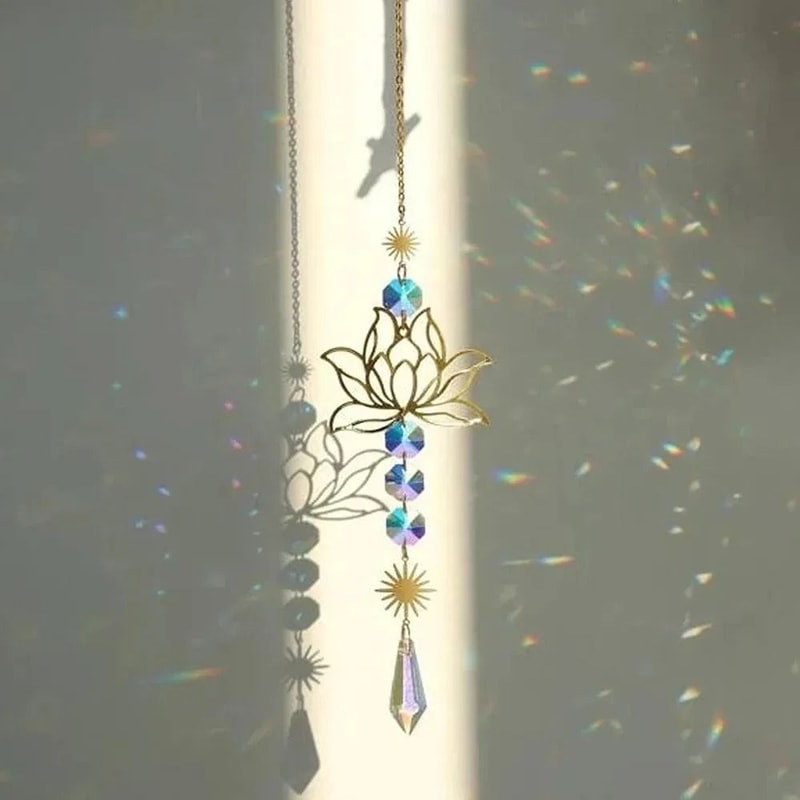 Lotus Crystal Suncatcher Pendant Handmade Metal Prism Wind Chime Charm 3