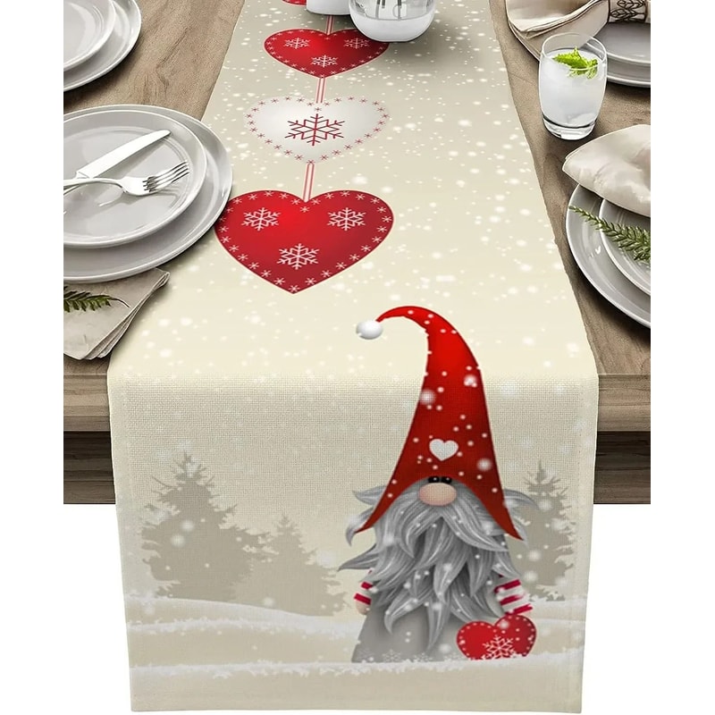 Christmas Gnome Love Heart Linen Table Runner Snowflake Holiday Dresser Scarf 5