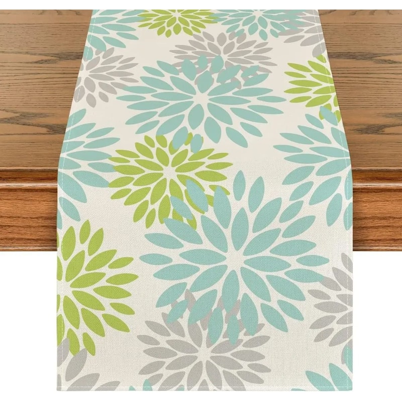 Blue Dahlia Floral Summer Table Runner Seasonal Spring Linen Dresser Scarf 6
