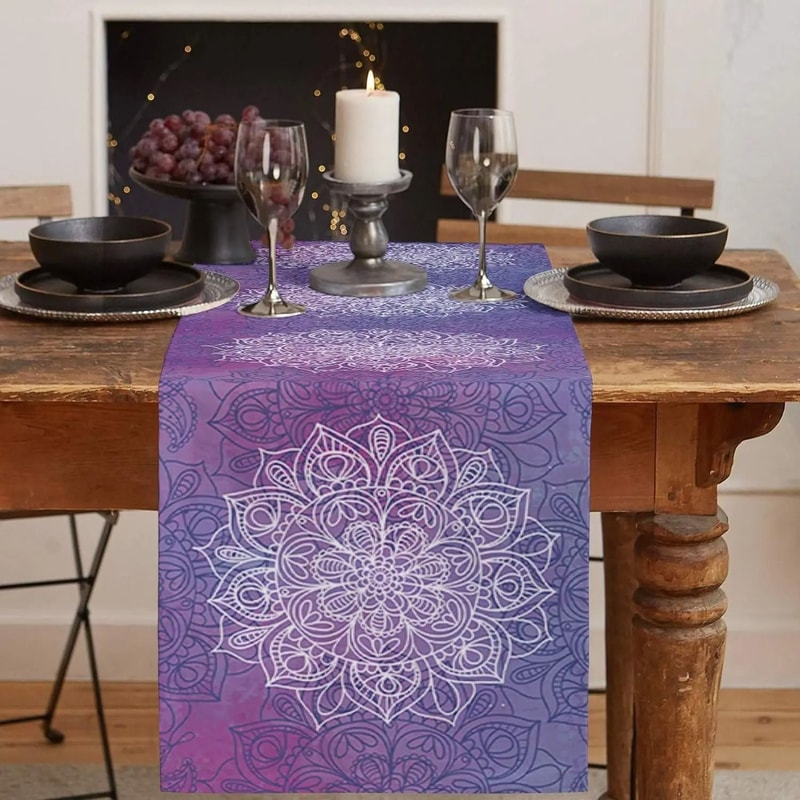 Bohemian Mandala Flower Linen Table Runner Farmhouse Holiday Party Decor 1