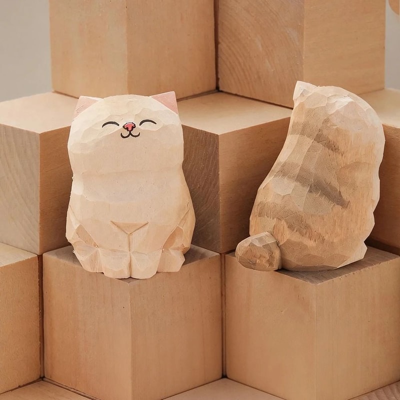 Handcrafted Wood Carving Kitten Statue Cute Cat Figurine Desktop Ornament 9