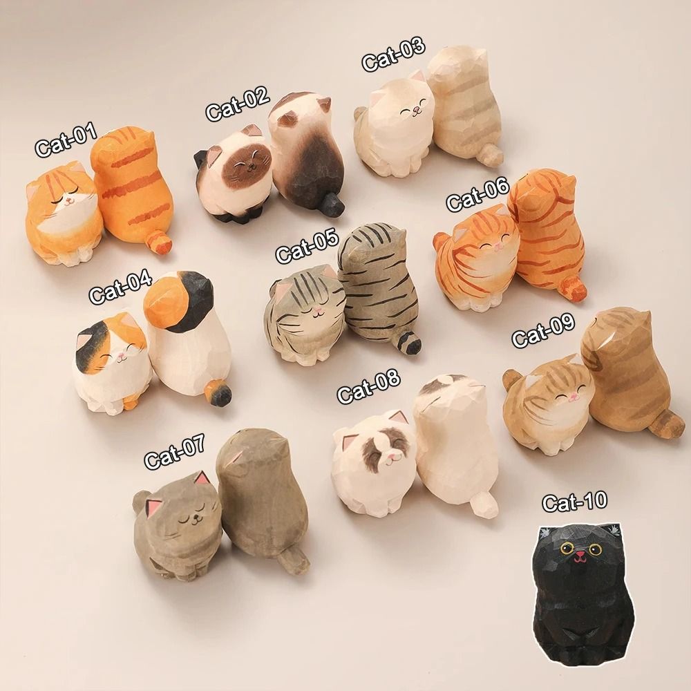 Handcrafted Wood Carving Kitten Statue Cute Cat Figurine Desktop Ornament 2