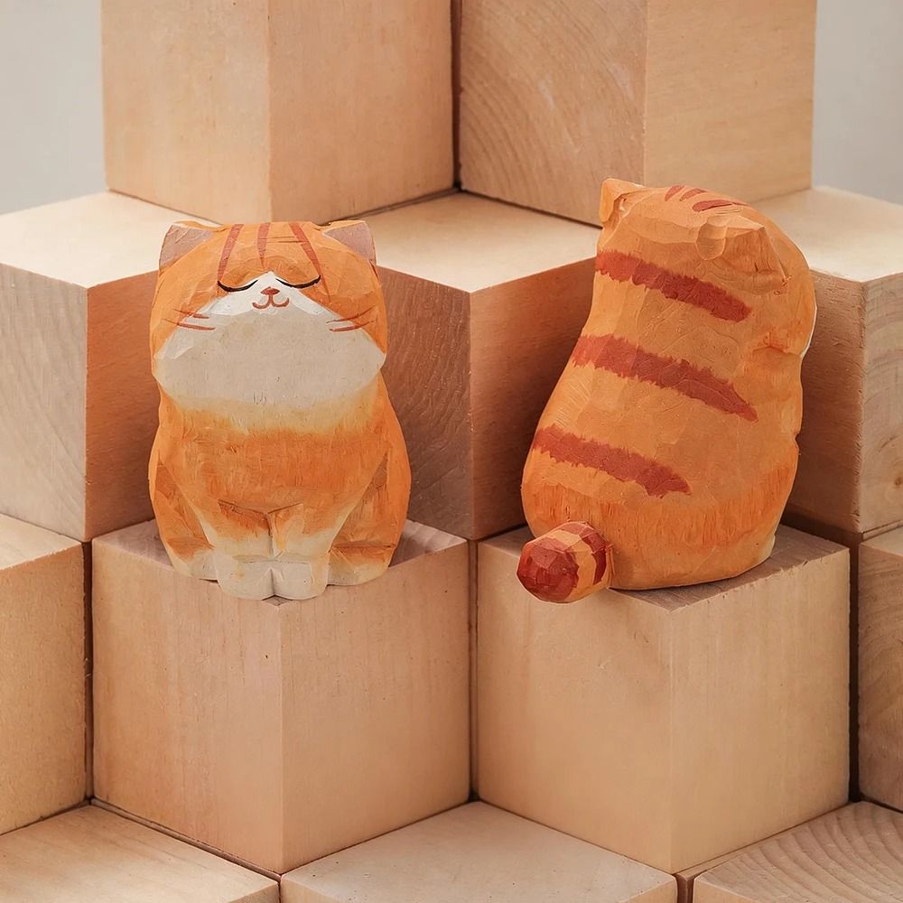 Handcrafted Wood Carving Kitten Statue Cute Cat Figurine Desktop Ornament 7