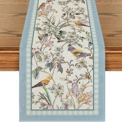 blue birds & spring blossom linen table runner | durable chinoiserie wedding decor