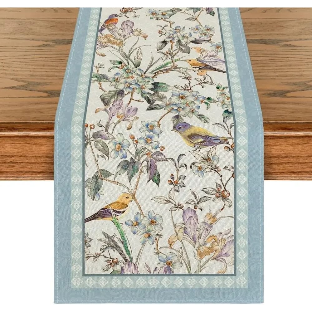 Blue Birds Spring Blossom Linen Table Runner Durable Chinoiserie Wedding Decor 6