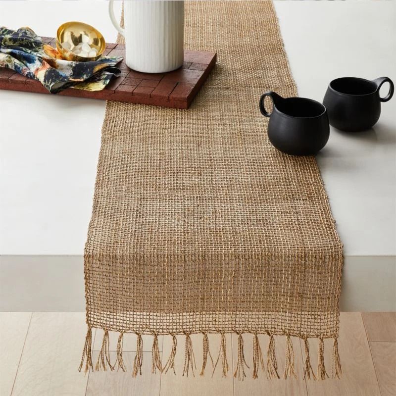 Natural Jute Burlap Table Runner Rustic Christmas Wedding Decor With Tassels 0