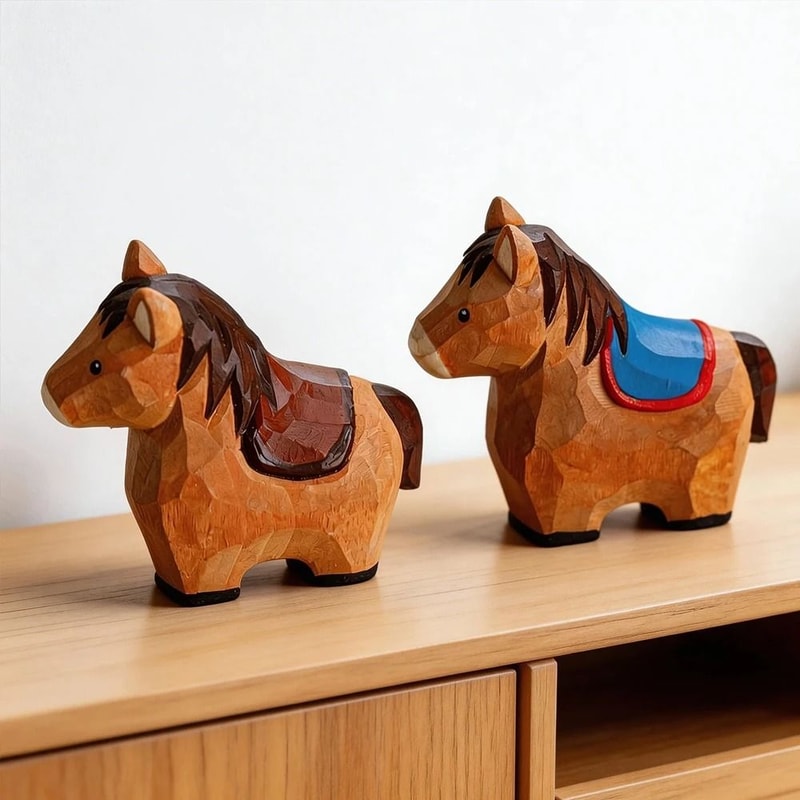 Handmade Decorative Wooden Horse Figurine Cute Animal Carving Desktop Ornament 7