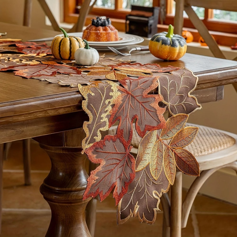 Embroidered Autumn Maple Leaf Table Runner Flocked Brown Farmhouse Decor 0