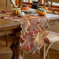 embroidered autumn maple leaf table runner | flocked brown farmhouse decor