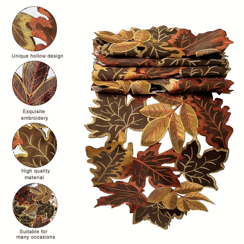 Embroidered Autumn Maple Leaf Table Runner Flocked Brown Farmhouse Decor 2