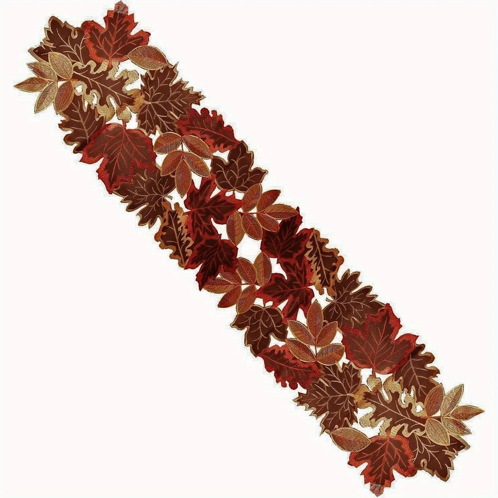 Embroidered Autumn Maple Leaf Table Runner Flocked Brown Farmhouse Decor 8