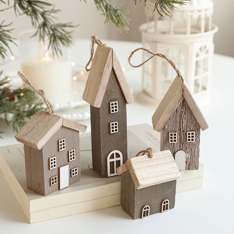 Wooden Nordic Christmas House Pendant Rustic Small Log House Tree Ornament 0