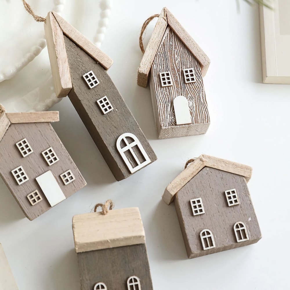 Wooden Nordic Christmas House Pendant Rustic Small Log House Tree Ornament 2