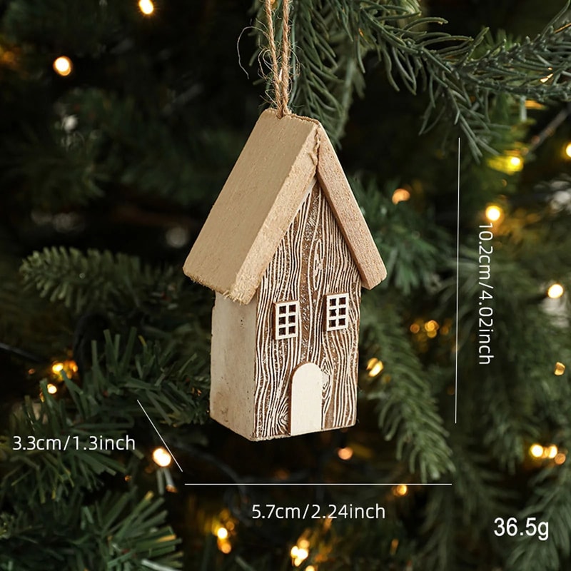 Wooden Nordic Christmas House Pendant Rustic Small Log House Tree Ornament 6