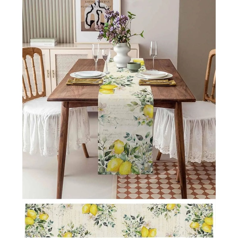Eucalyptus Lemon Linen Table Runner Vibrant Mediterranean Spring Dining Decor 1