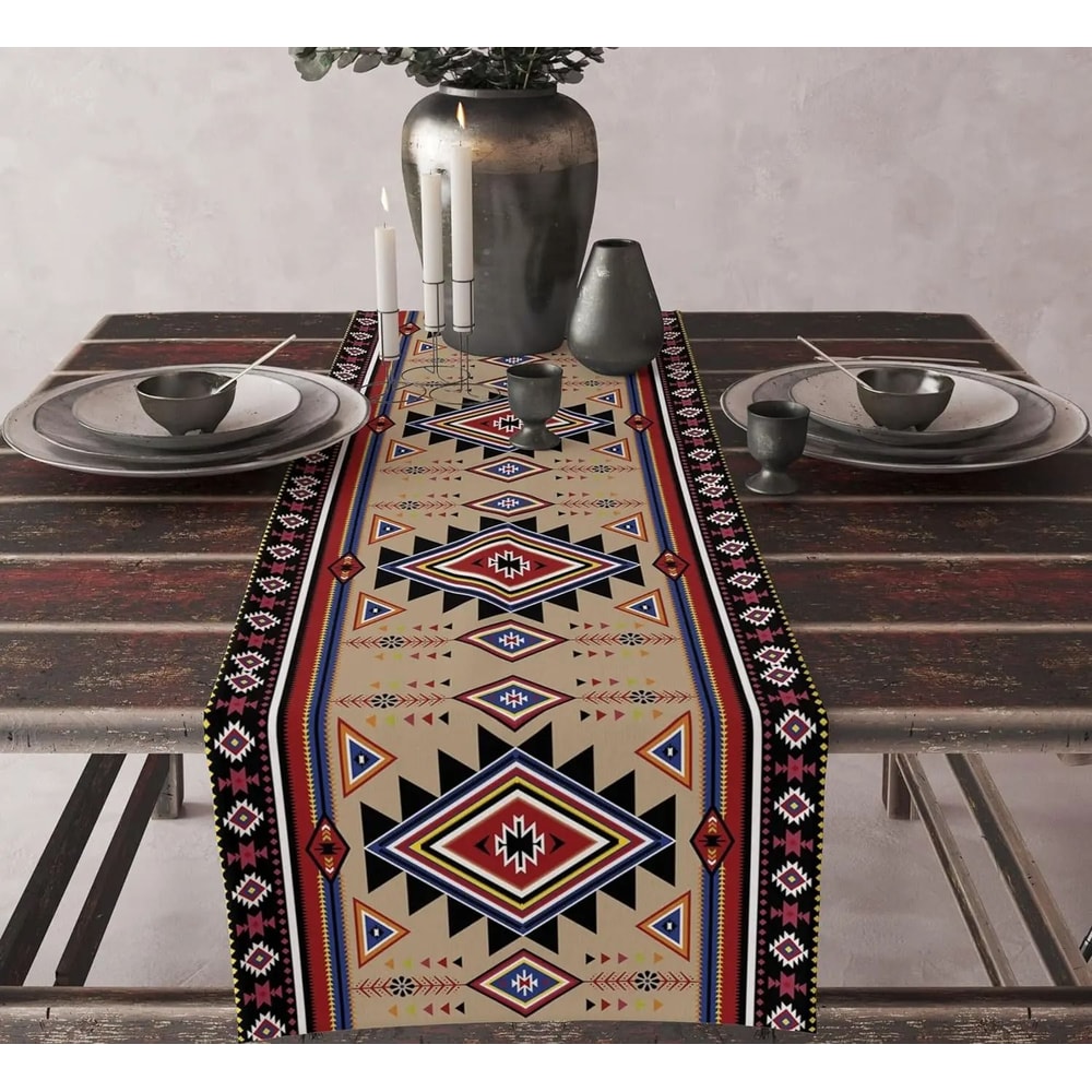 Aztec Ethnic Tribal Table Runner Boho Geometric Linen Kitchen Decor 9