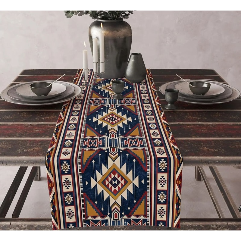 Aztec Ethnic Tribal Table Runner Boho Geometric Linen Kitchen Decor 14