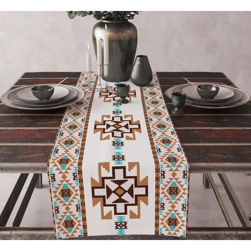 Aztec Ethnic Tribal Table Runner Boho Geometric Linen Kitchen Decor 17