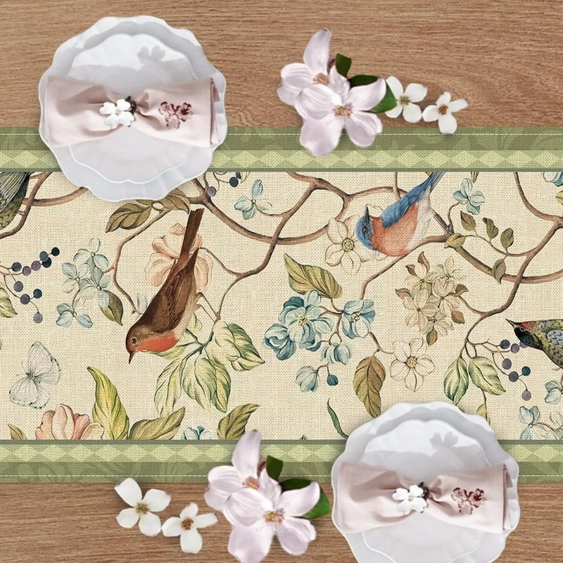 Vintage Flowers Birds Linen Table Runner Farmhouse Summer Botanical Dining Decor 2