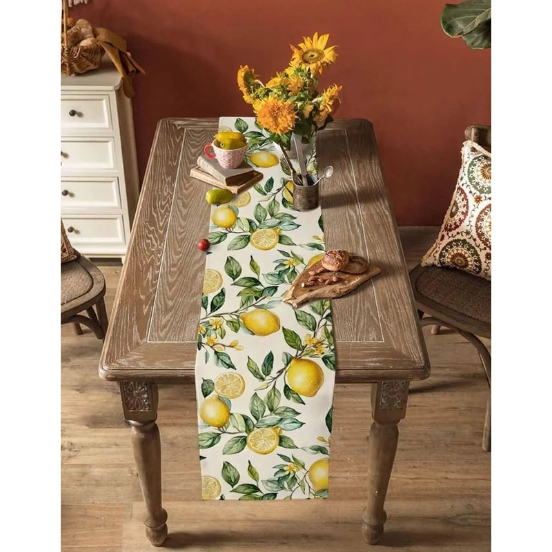 Watercolor Lemon Linen Table Runner Summer Green Leaf Kitchen Decor Dresser Scarf 1