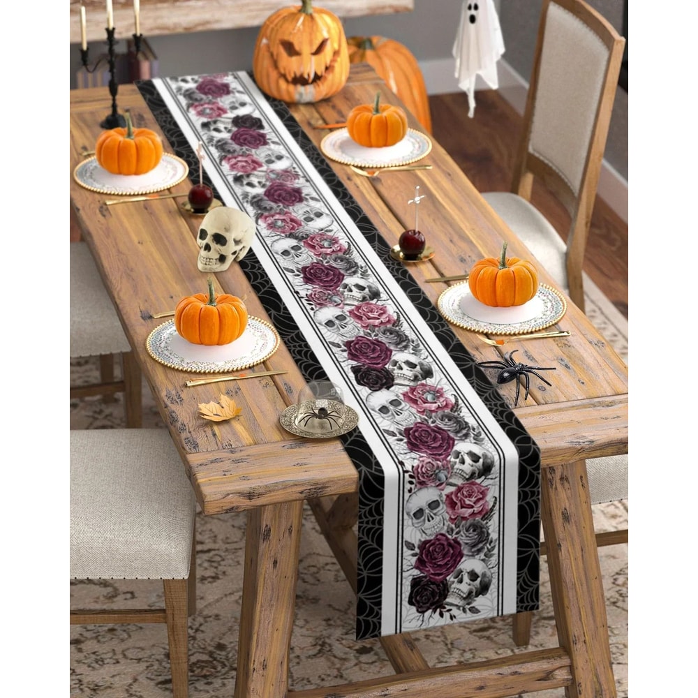 Gothic Halloween Skull Crow Linen Table Runner Dark Rose Floral Holiday Decor 4