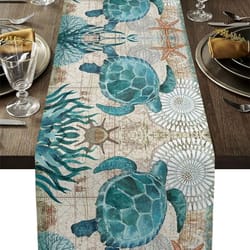 nautical sea turtle & starfish table runner | coastal linen dresser scarf & farmhouse decor