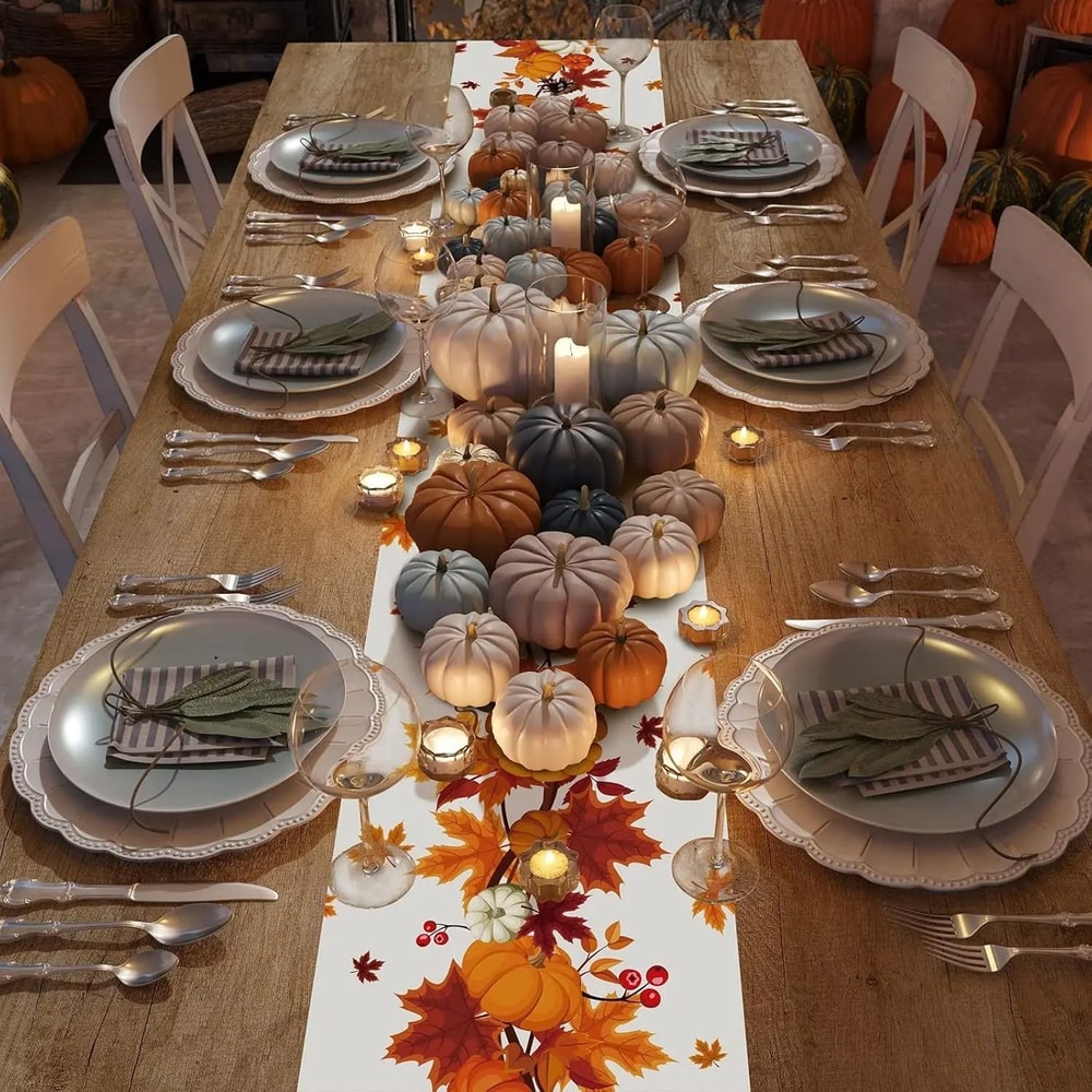 Fall Thanksgiving Pumpkins Table Runner Autumn Harvest Maple Leaves Linen Dining Decor 3
