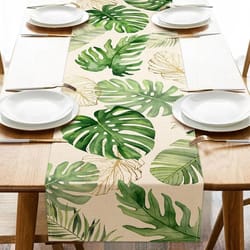tropical summer palm leaves table runner | lush greenery linen dining decor & outdoor party accent
