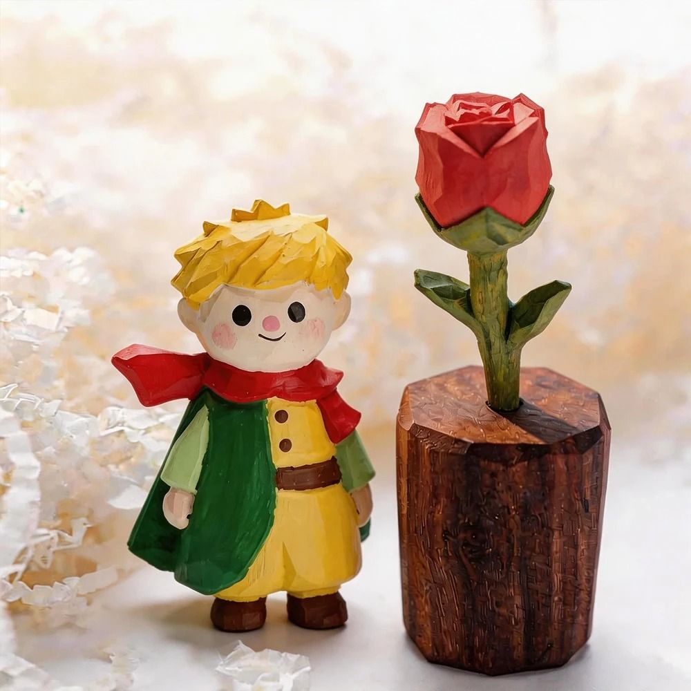 HandCarved Little Prince Wood Sculpture Set Whimsical Fox Rose Miniature Desktop Ornaments 8