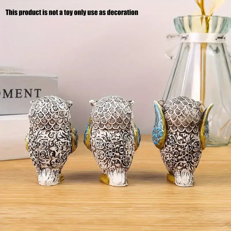 Hear See Speak No Evil Resin Owl Set 3Piece Wise Owl Sculptures Office Decor 5
