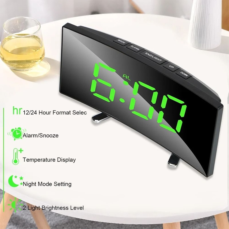 7Inch Curved LED Mirror Clock Dimmable Digital Alarm Large Number Table Decor 4