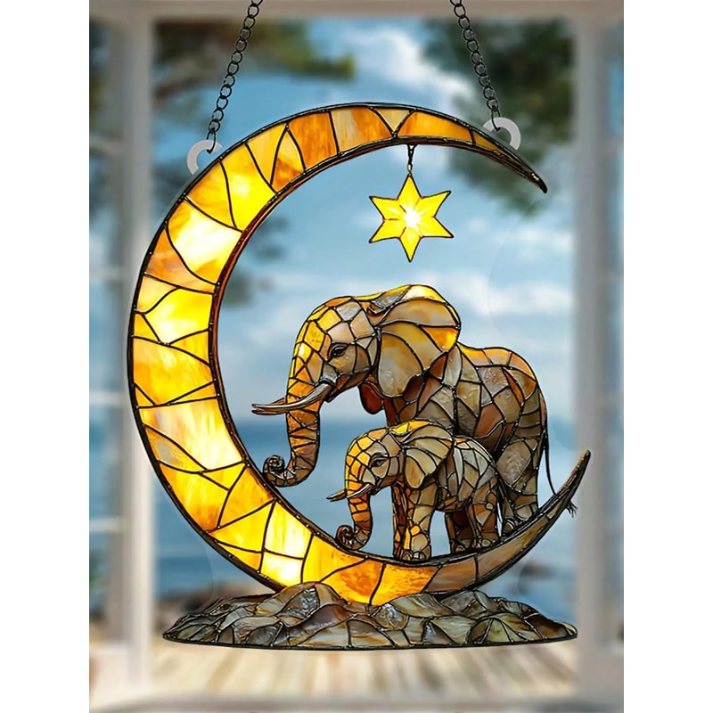 Elephant Family Crescent Moon Suncatcher StainedGlass Style Window Pendant Garden Accent 2