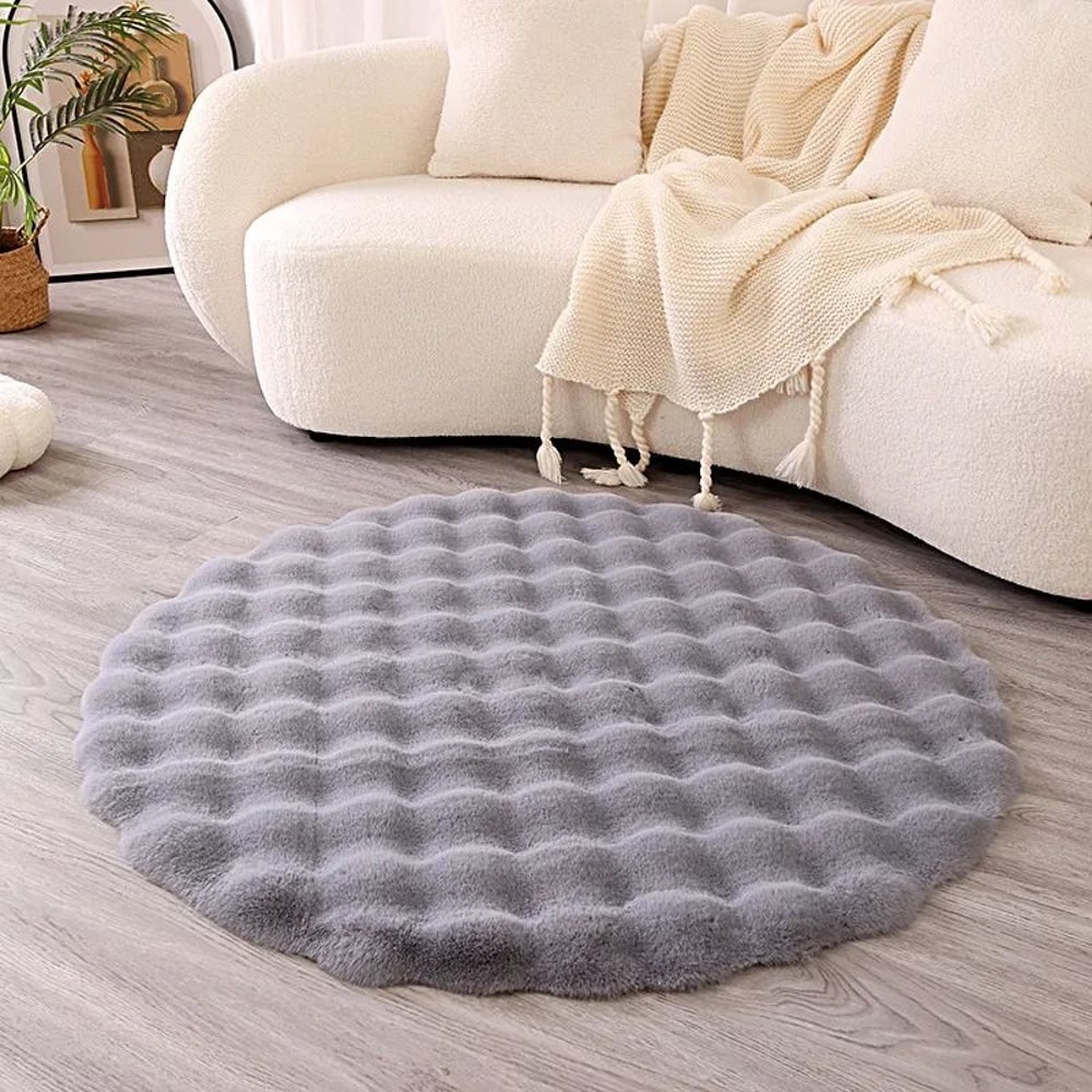 Premium Faux Rabbit Fur Bubble Carpet Round UltraSoft Living Room Rug Kids Bedroom Game Cushion 10
