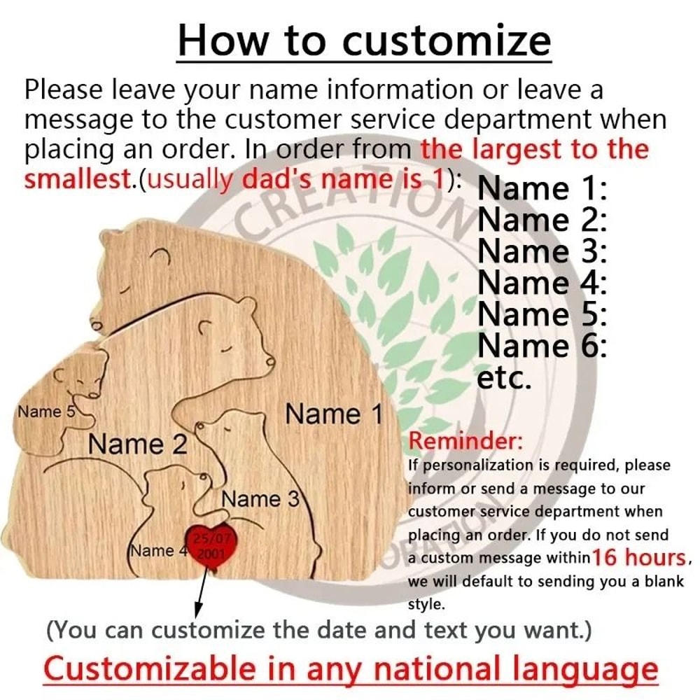 Custom HandCarved Bear Family Puzzle Personalized Wooden Art Ornament FathersMothers Day Keepsake 4