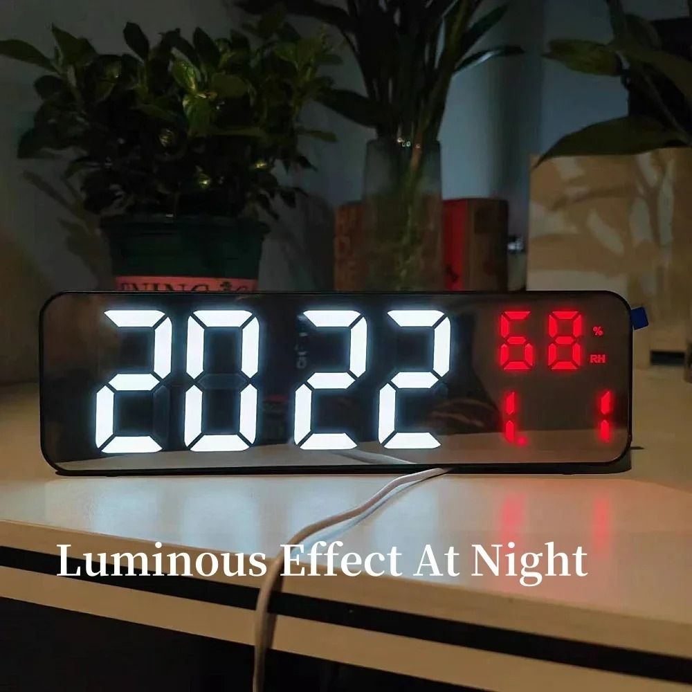 9Inch UltraSlim Digital Mirror Wall Clock LED Alarm With Temperature Humidity Night Mode Snooze 4
