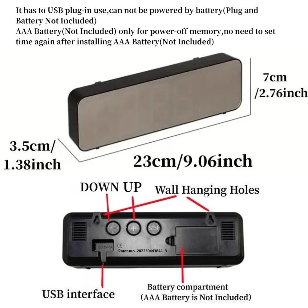 9Inch UltraSlim Digital Mirror Wall Clock LED Alarm With Temperature Humidity Night Mode Snooze 5